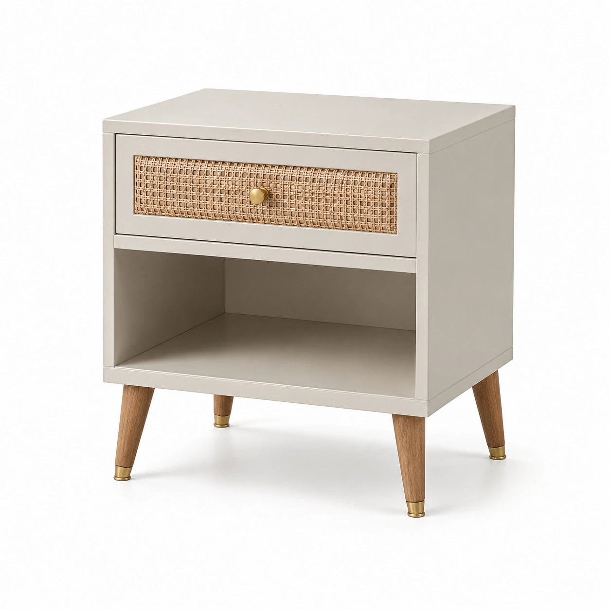 Table de chevet en bois avec cannage et pieds en bois massif