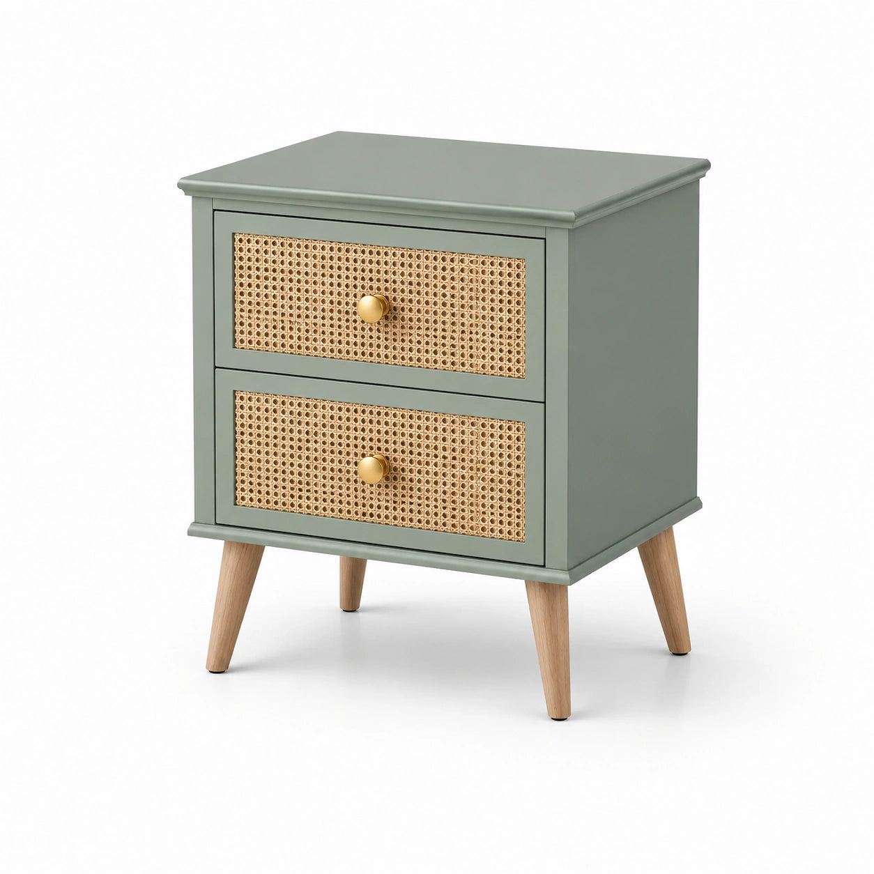 Table de chevet en bois et rotin vert 40x30x55 cm