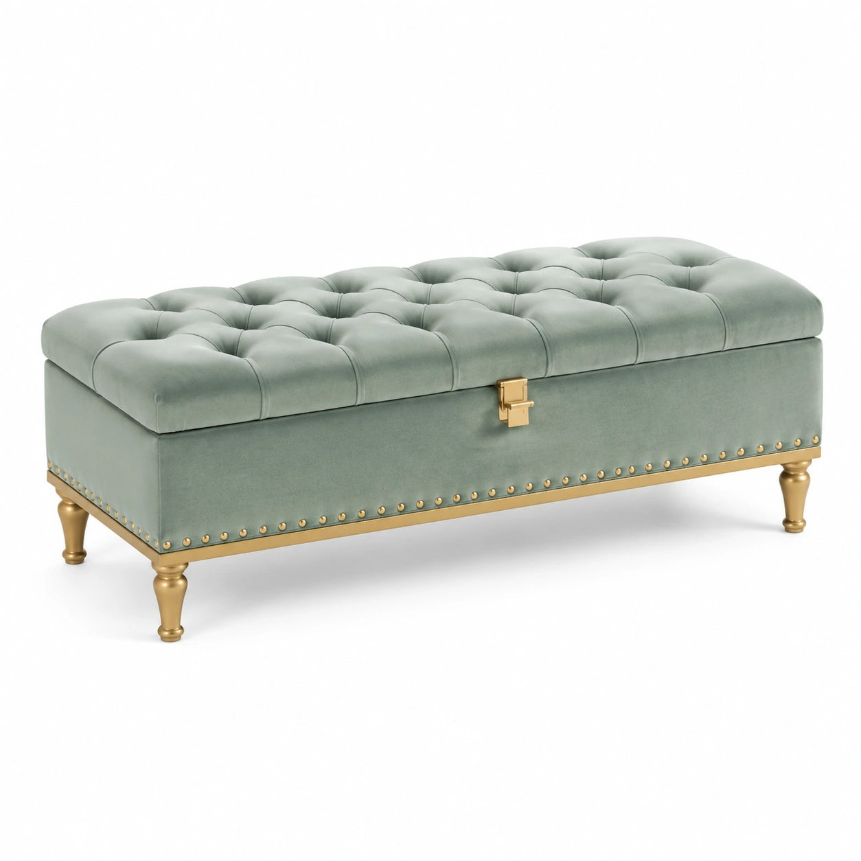 Banc de rangement en velours polyester vert avec pieds en métal doré