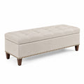 Banc de rangement en bois avec revêtement en lin beige