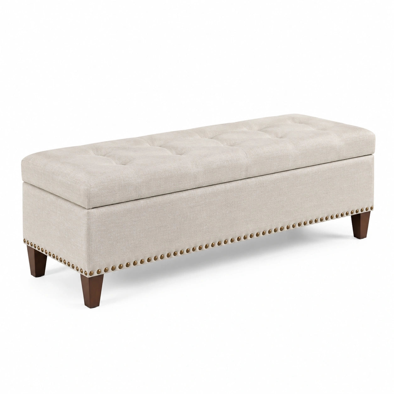 Banc de rangement en bois avec revêtement en lin beige