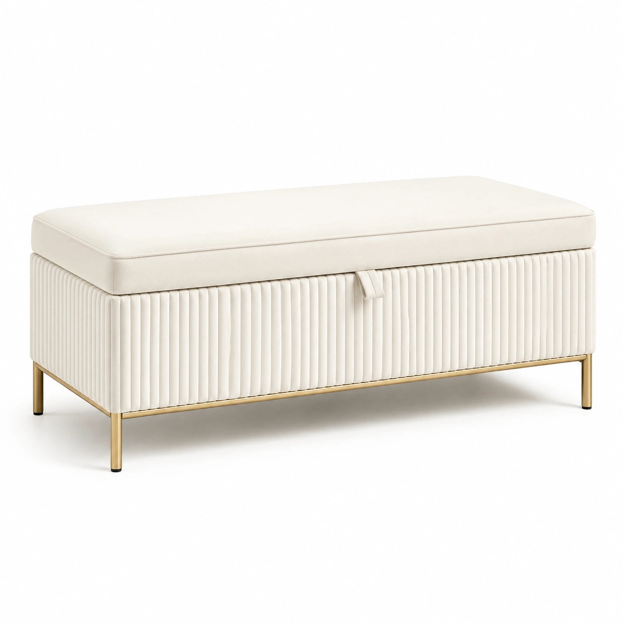 Banc de rangement velours crème avec structure en métal doré 120 cm