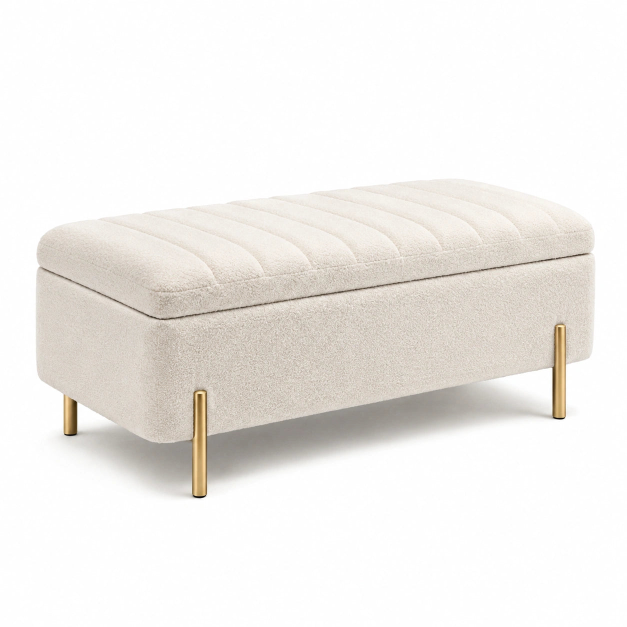 Banc de rangement en boucle beige avec pieds en métal doré