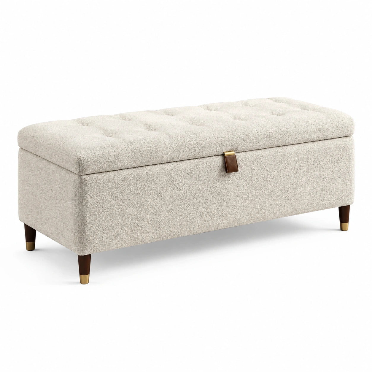 Banc de rangement en bouclette crème avec pieds en bois et métal 120x40x45 cm