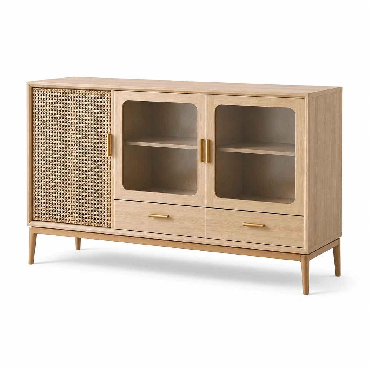 Buffet en bois clair avec portes en verre trempé et cannage en rotin