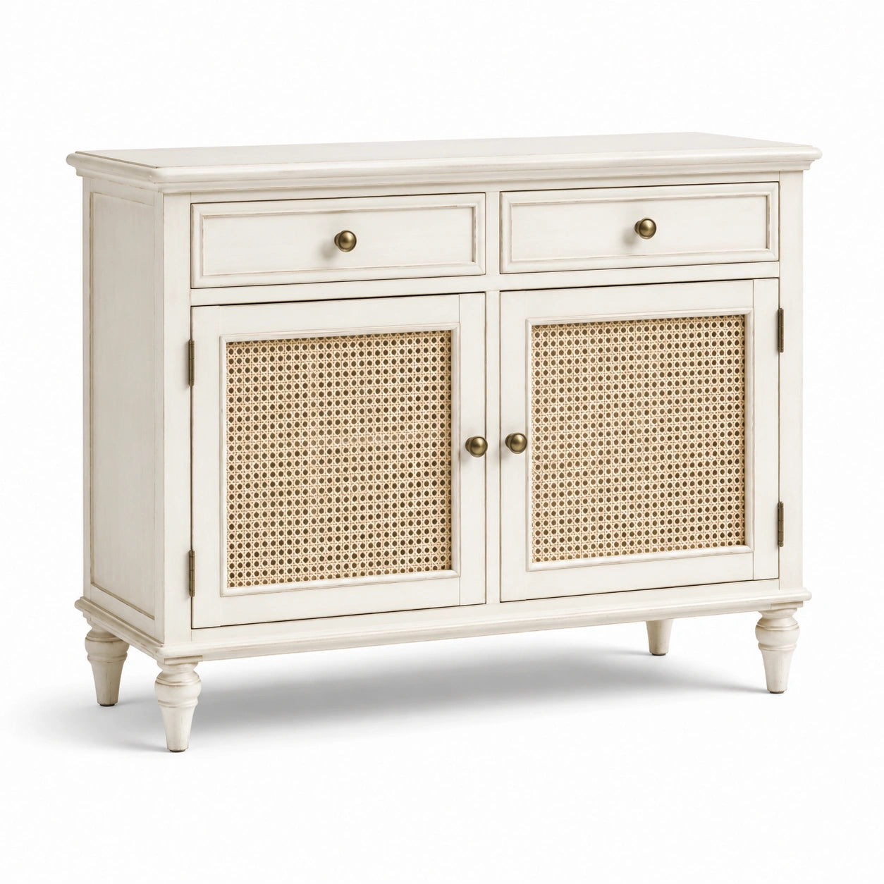 Buffet en bois blanc avec portes rotin et tiroirs