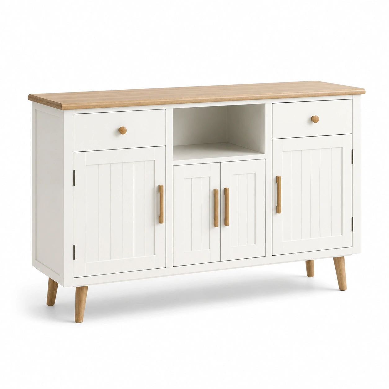 Buffet en bois blanc et chêne avec tiroirs et étagères