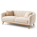 Canapé 3 places en tissu polyester beige avec coussins et pieds en bois massif