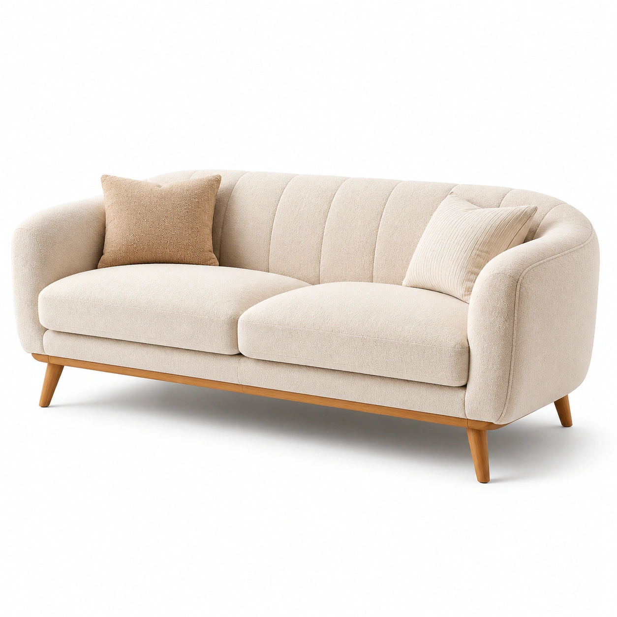 Canapé 3 places en tissu polyester beige avec coussins et pieds en bois massif
