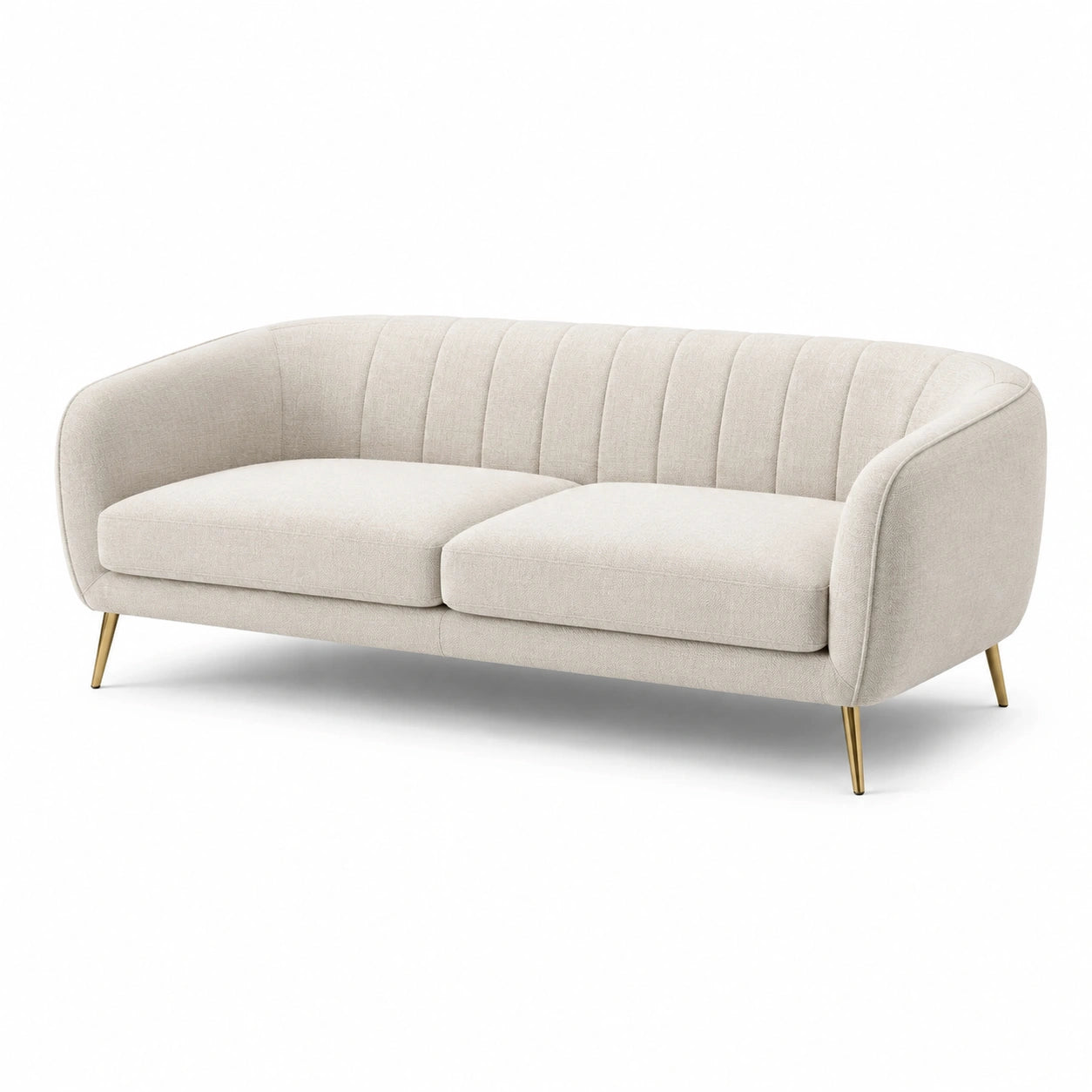 Canapé trois places en tissu lin beige avec pieds en métal doré
