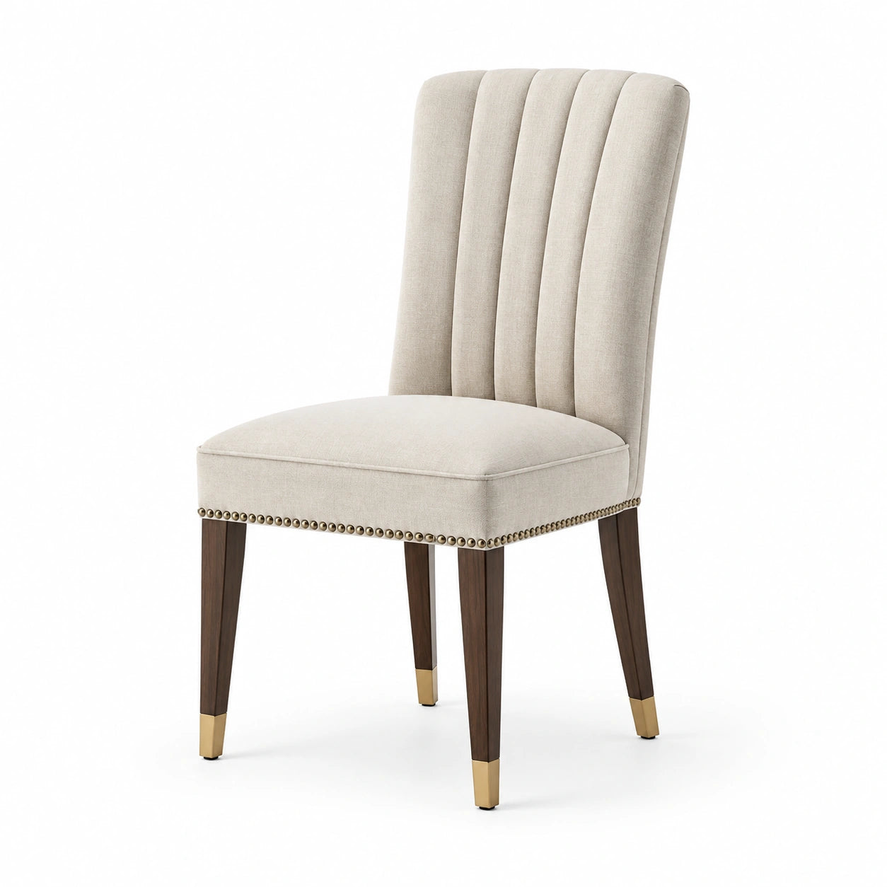 Chaise de salle à manger en lin avec pieds en bois et métal doré