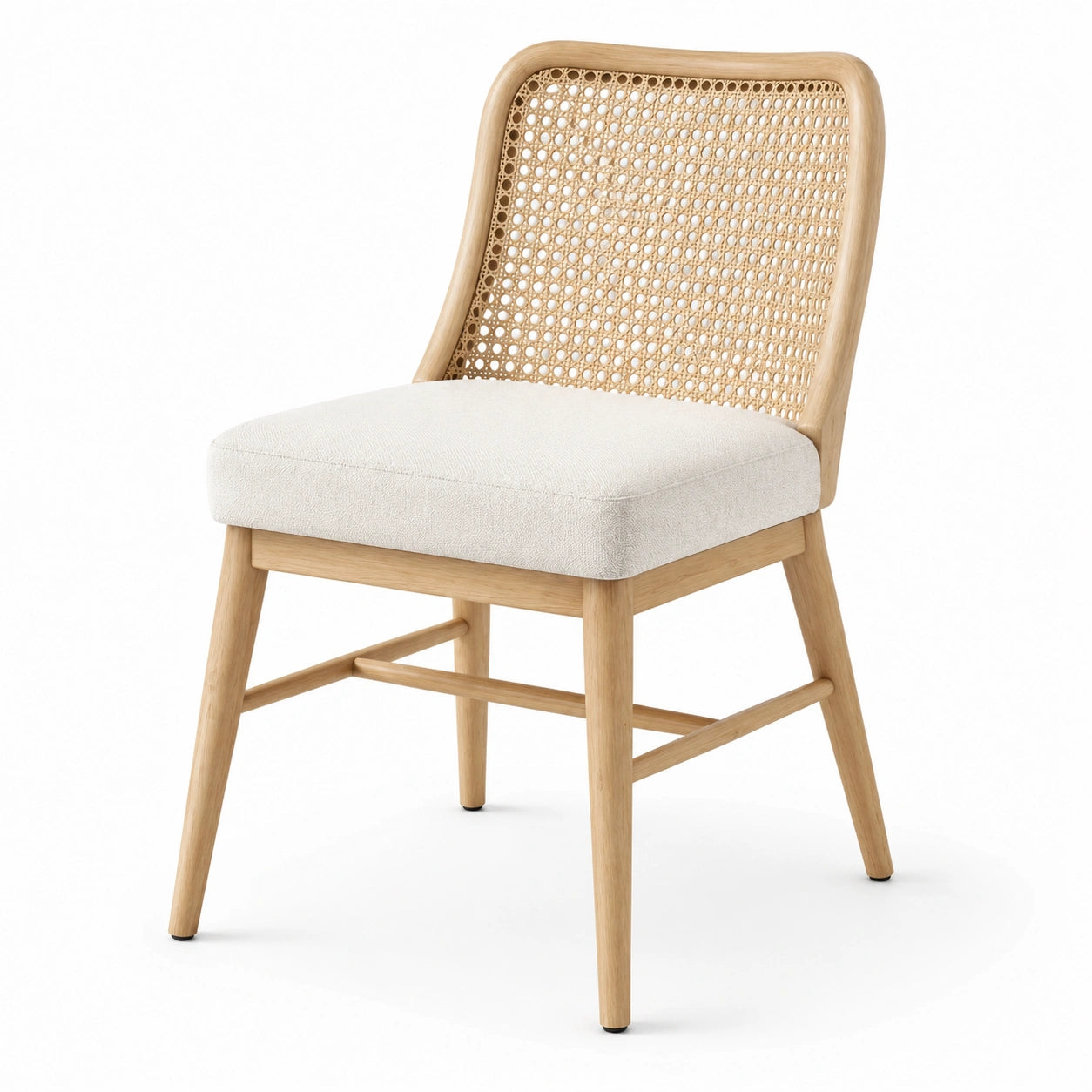 Chaise en bois avec dossier en rotin et assise en polyester beige