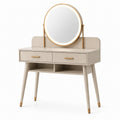 Coiffeuse en bois avec miroir rond éclairé LED beige
