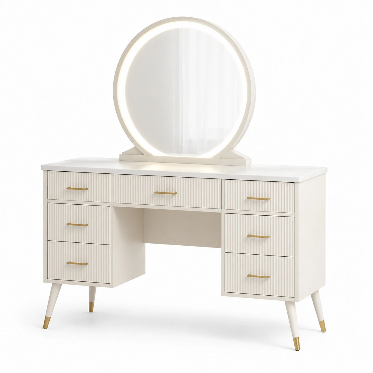 Coiffeuse en bois MDF avec miroir rond à LED intégrée