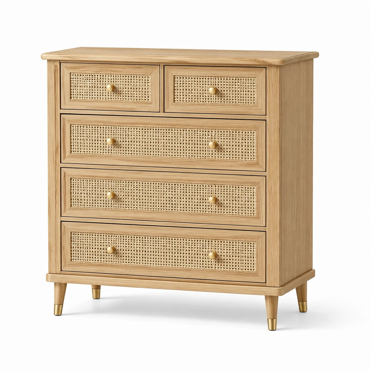 Commode en bois de chêne et rotin 5 tiroirs