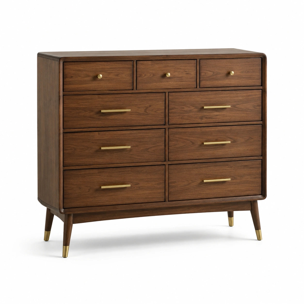 Commode en bois avec poignées en laiton, 8 tiroirs en noyer