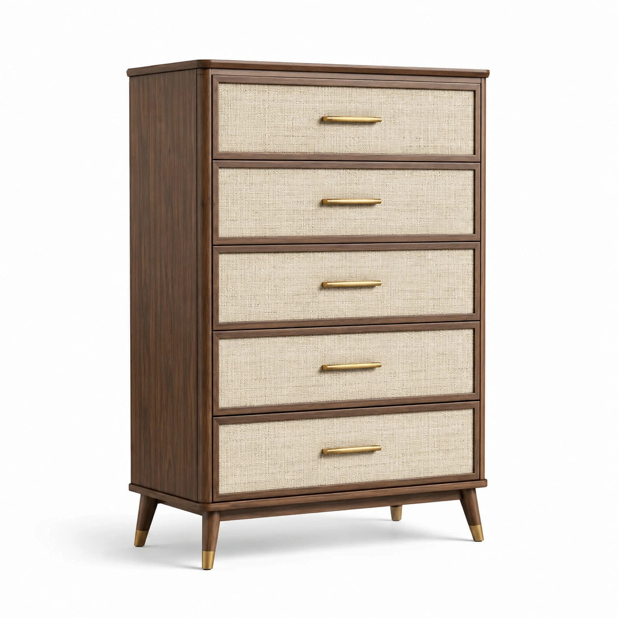 Commode 5 tiroirs bois et lin marron/beige
