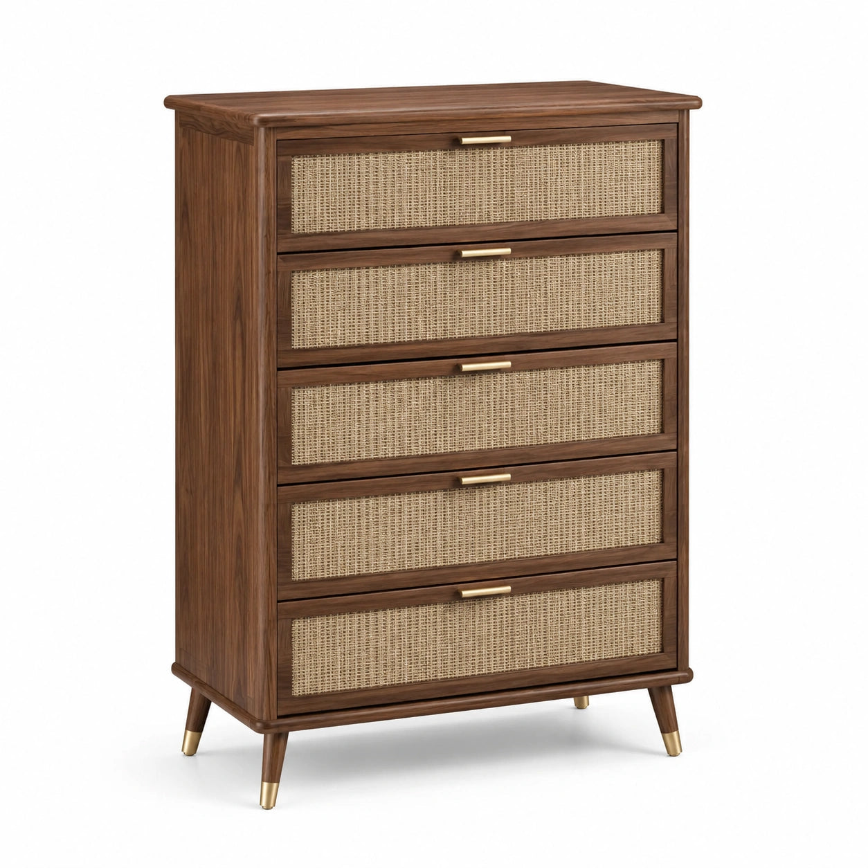 Commode en bois avec 5 tiroirs en rotin brun