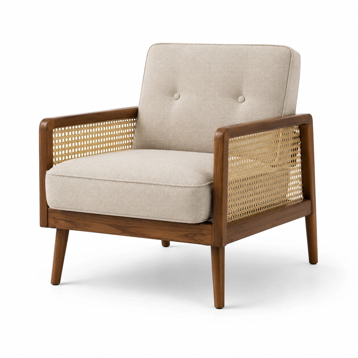Fauteuil en bois et rotin avec tissu beige