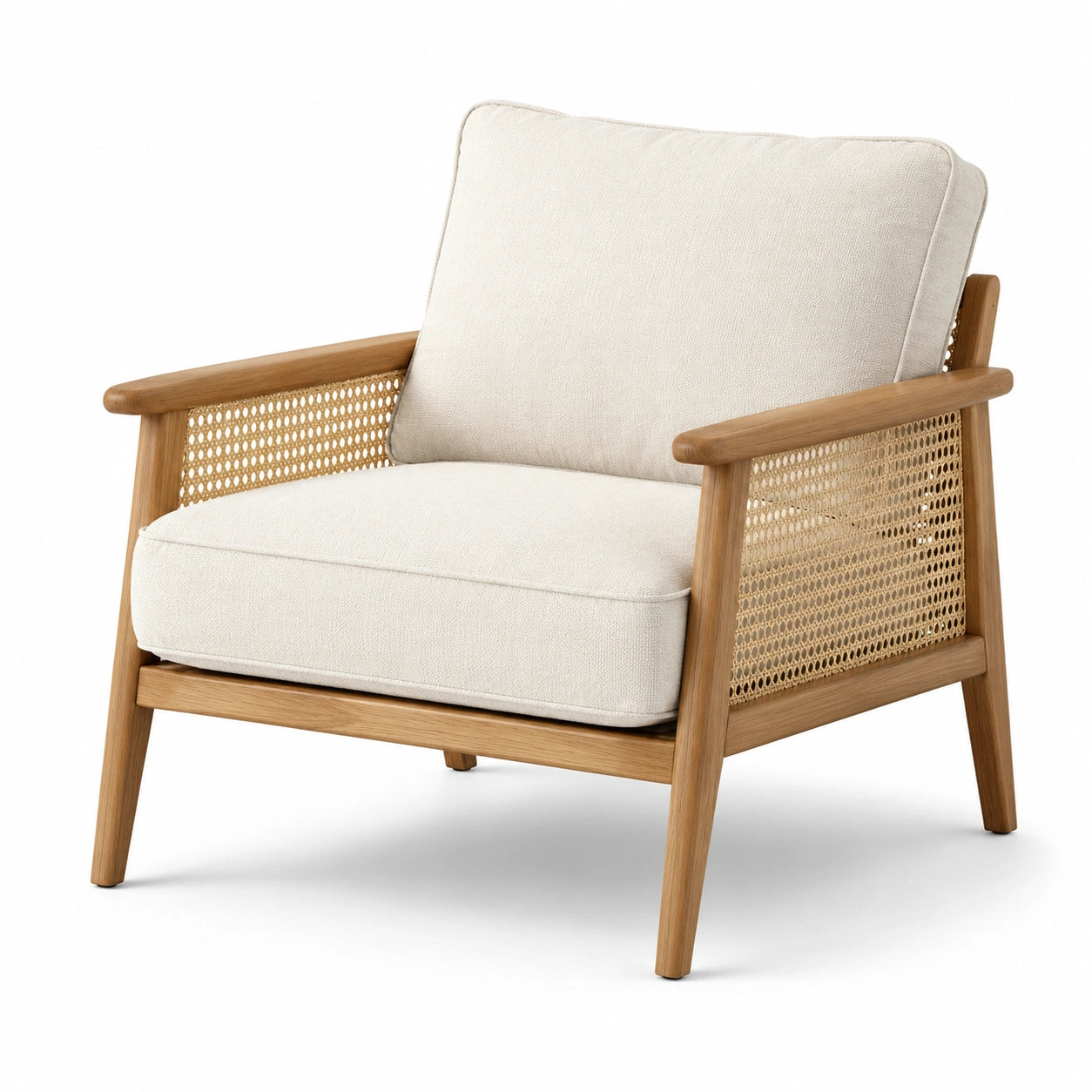 Fauteuil en bois de chêne avec dossier en cannage et coussin en coton beige