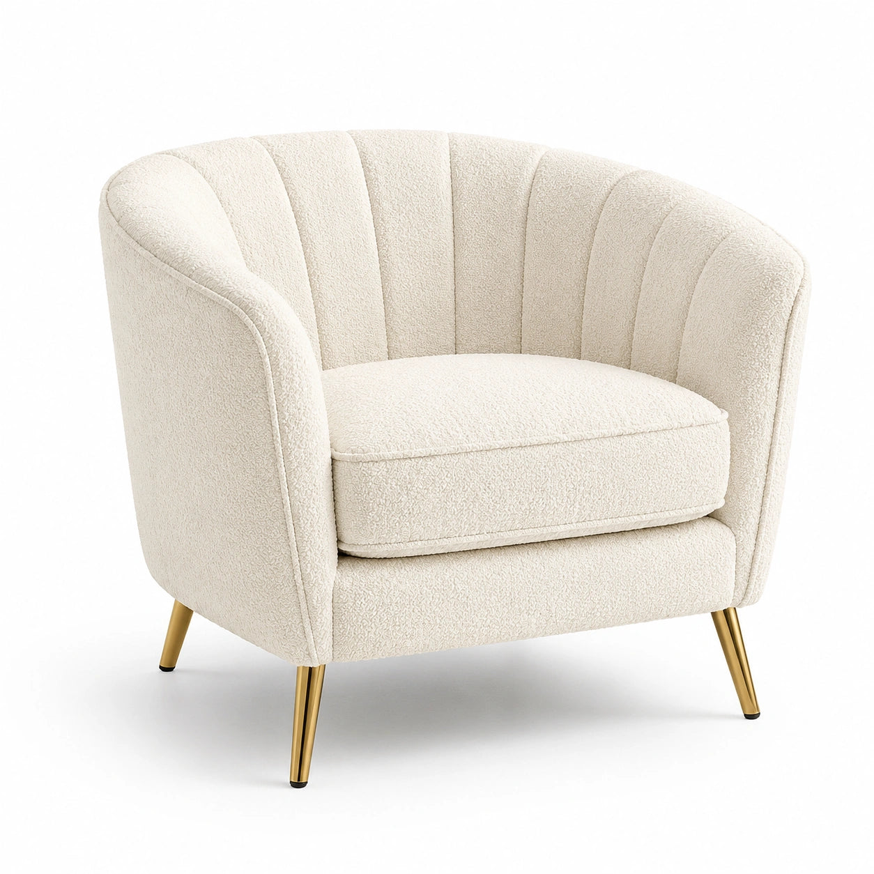 Fauteuil en tissu bouclé beige avec pieds en métal doré