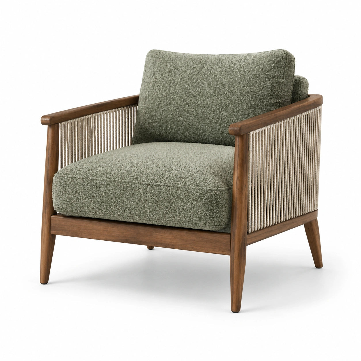 Fauteuil en bois avec tissu bouclé et corde