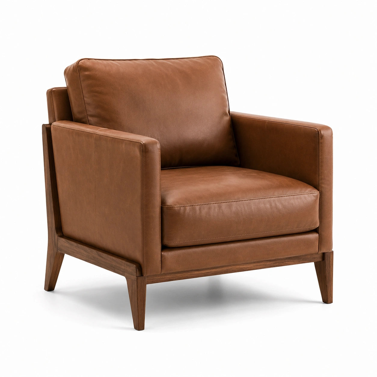 Fauteuil en cuir marron avec structure en bois de chêne