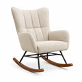 Fauteuil à bascule en tissu polyester beige avec structure en métal et pieds en bois d'hévéa