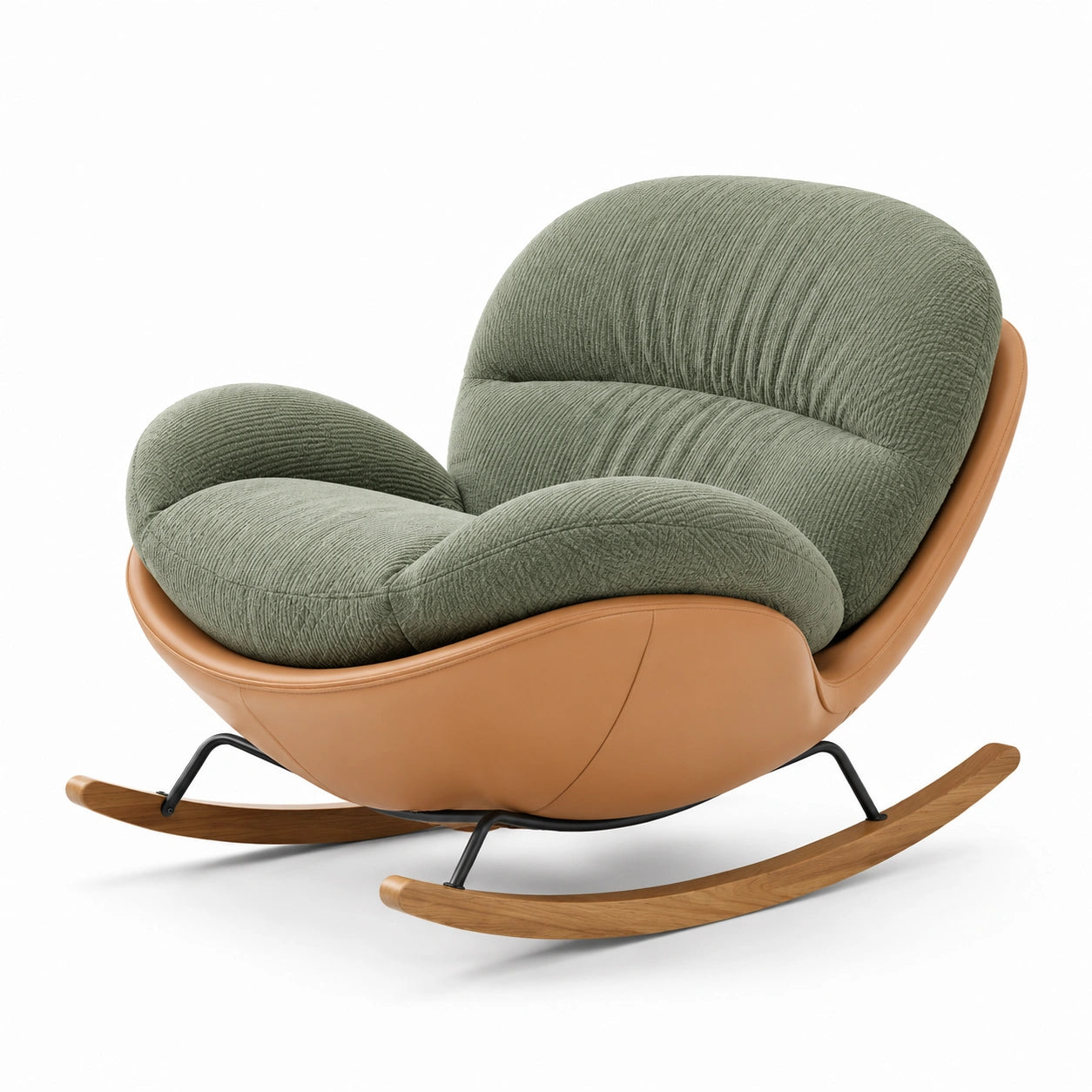 Fauteuil à bascule en tissu et cuir synthétique vert et marron