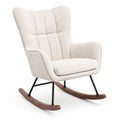 Fauteuil à bascule en tissu bouclé beige avec structure en acier et base en bois de noyer
