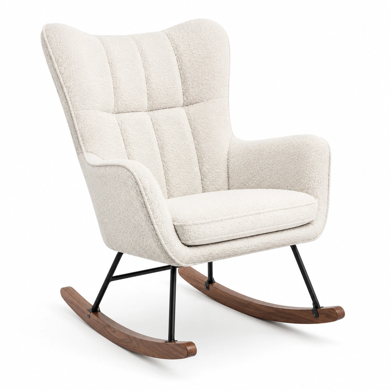 Fauteuil à bascule en tissu bouclé beige avec structure en acier et base en bois de noyer