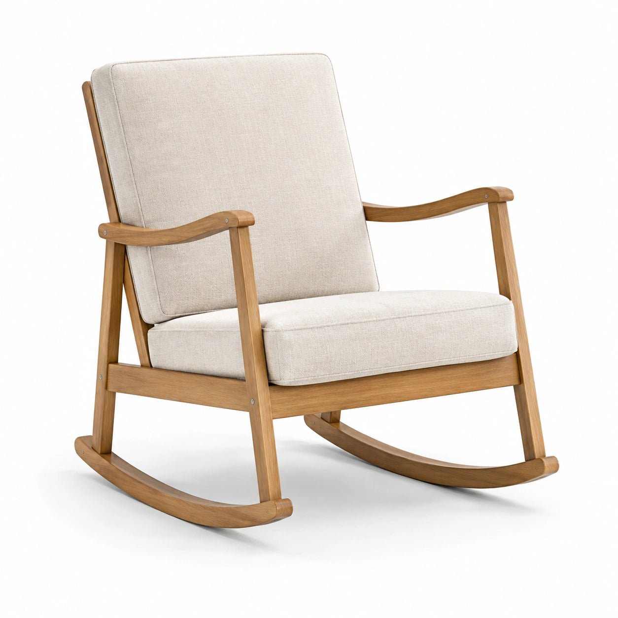 Chaise à bascule en bois de chêne et tissu polyester beige