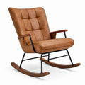 Fauteuil à bascule en cuir synthétique marron avec cadre métal et accoudoirs en bois