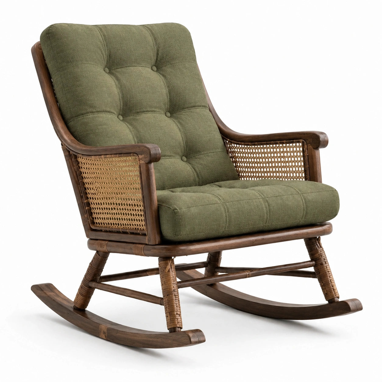 Chaise à bascule en bois, rotin et lin vert olive