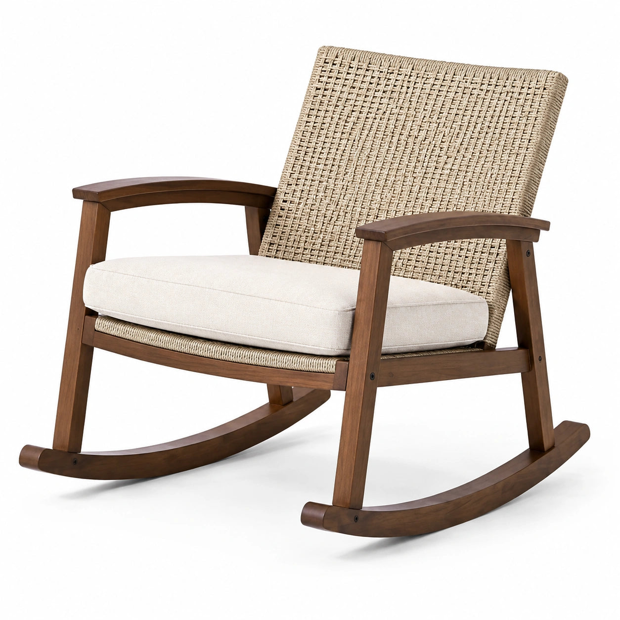 Fauteuil à bascule en bois avec dossier en résine tressée et coussin beige