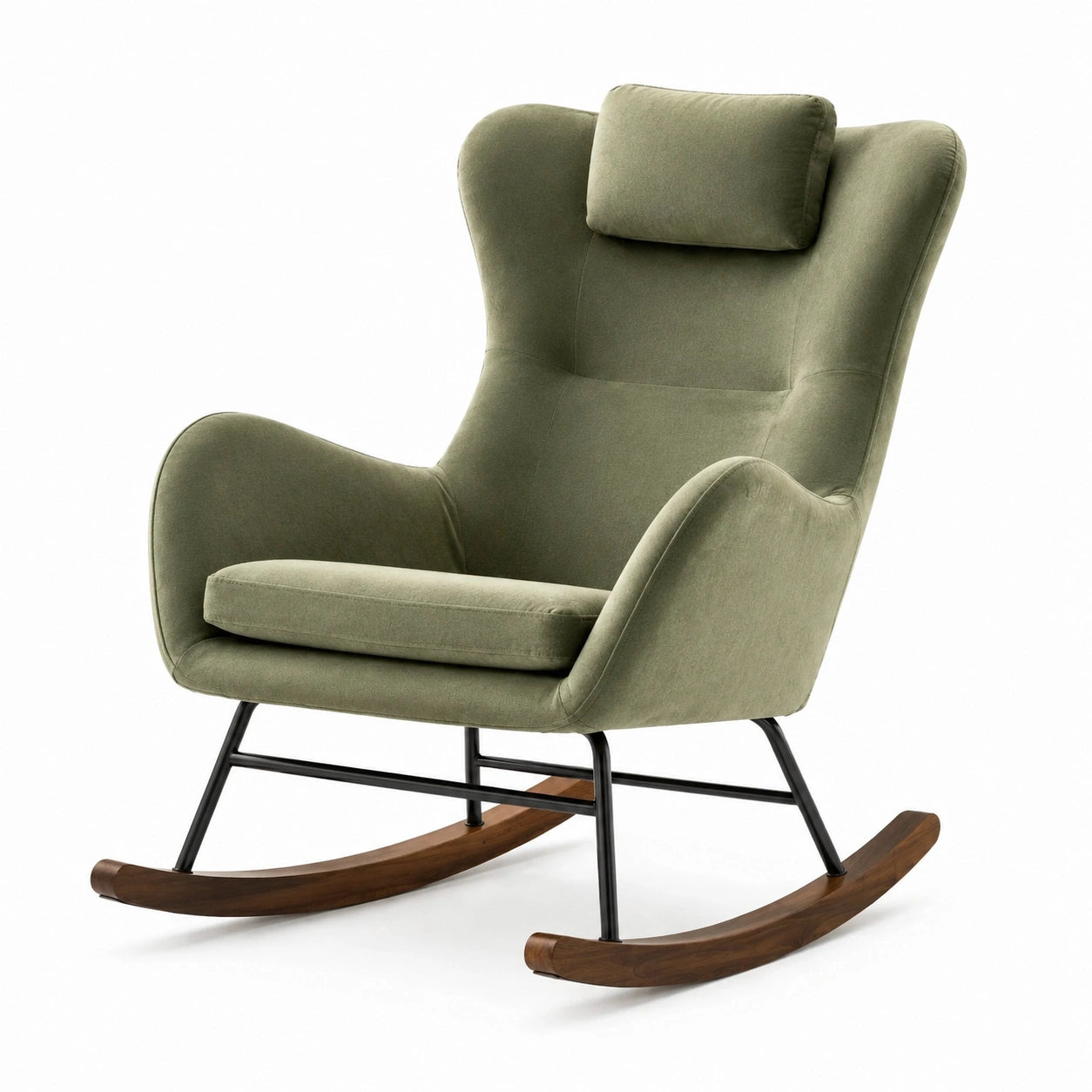 Fauteuil à bascule en tissu, pieds en bois et métal, vert
